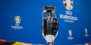NYON, SWITZERLAND - NOVEMBER 23: A detailed view of the UEFA EURO trophy ahead of the UEFA EURO 2024 Play-offs Draw at the UEFA Headquarters, The House of the European Football, on November 23,2023, in Nyon, Switzerland. (Photo by Kristian Skeie - UEFA/UEFA via Getty Images)